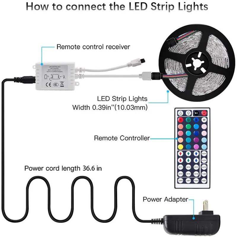 16.4ft LED Light Strip, 5M RGB Color Changing 3528 300 LEDs with 44 Key IR Remote