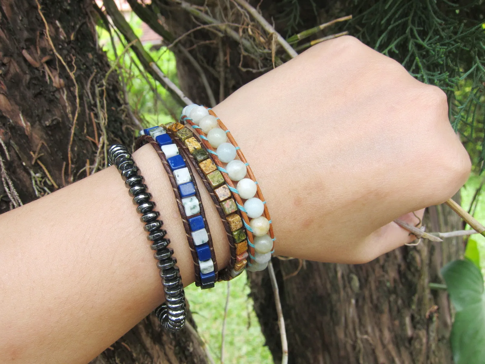 2X Wrap in Lapis Lazuli and Unakite Jasper Mix Beaded Bracelet | Blue Bracelet