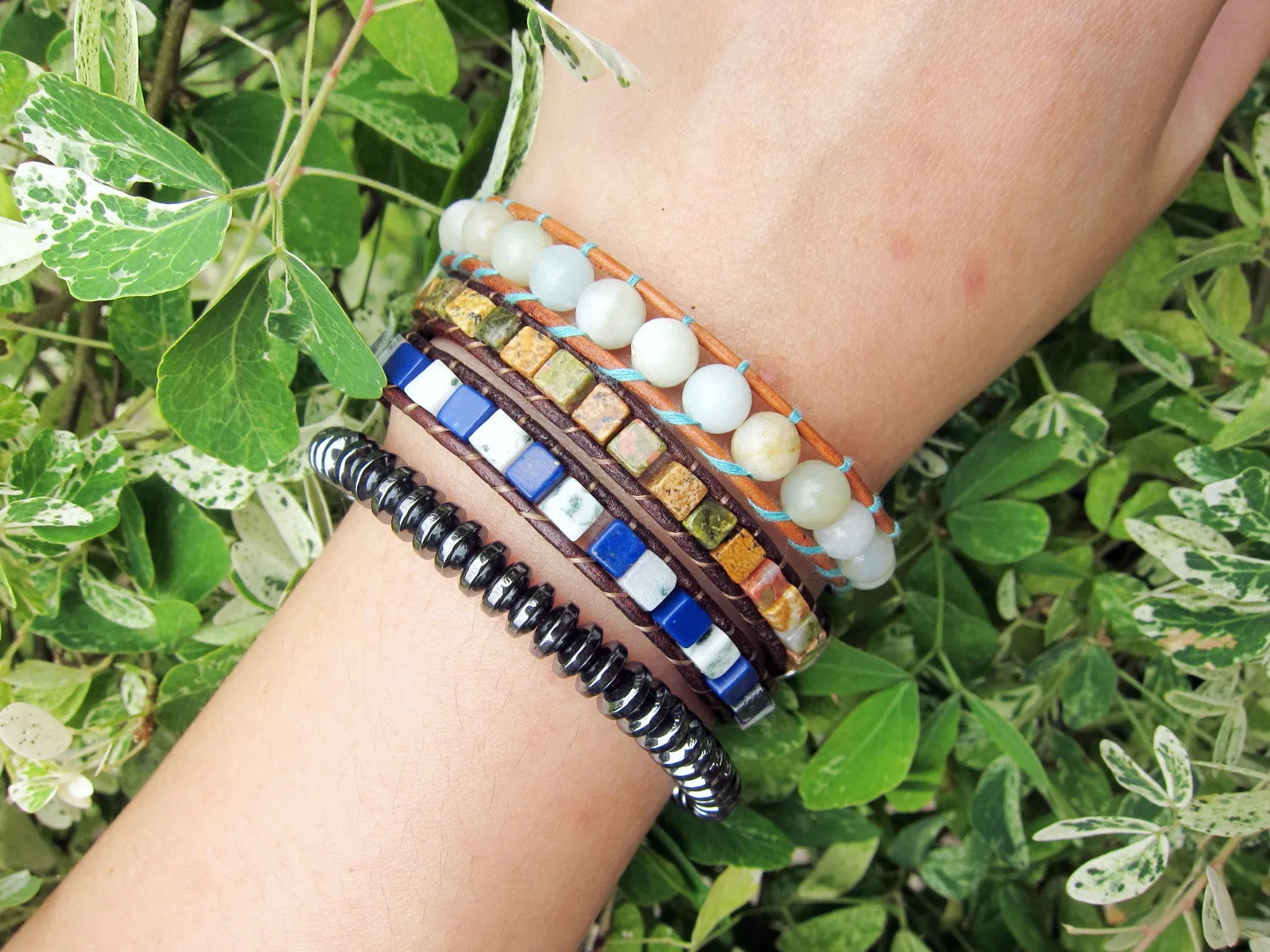 2X Wrap in Lapis Lazuli and Unakite Jasper Mix Beaded Bracelet | Blue Bracelet