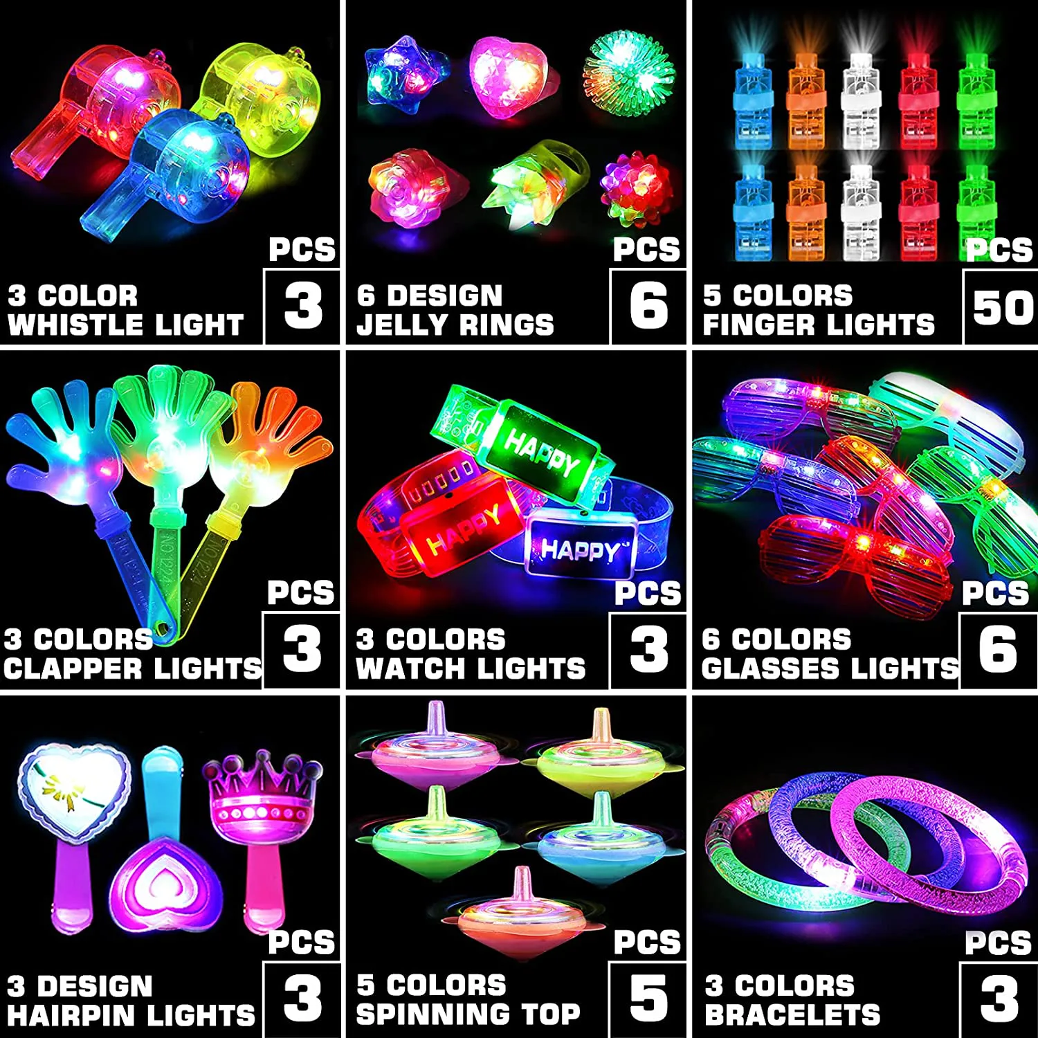 82Pcs LED Light up Toy Bulk Party Favors, Glow in the Dark Party Supplies for Boy Girl with 50 Finger Light,6 Jelly Ring, 6 Glasses,5 Spinning Top, 3 Bracelet,3 Hairpin, 3 Whistle, 3 Hand Clap,3 Watch