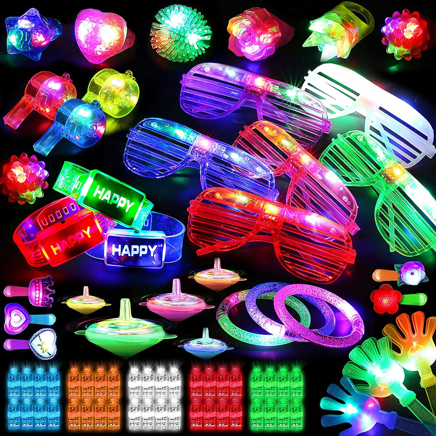 82Pcs LED Light up Toy Bulk Party Favors, Glow in the Dark Party Supplies for Boy Girl with 50 Finger Light,6 Jelly Ring, 6 Glasses,5 Spinning Top, 3 Bracelet,3 Hairpin, 3 Whistle, 3 Hand Clap,3 Watch