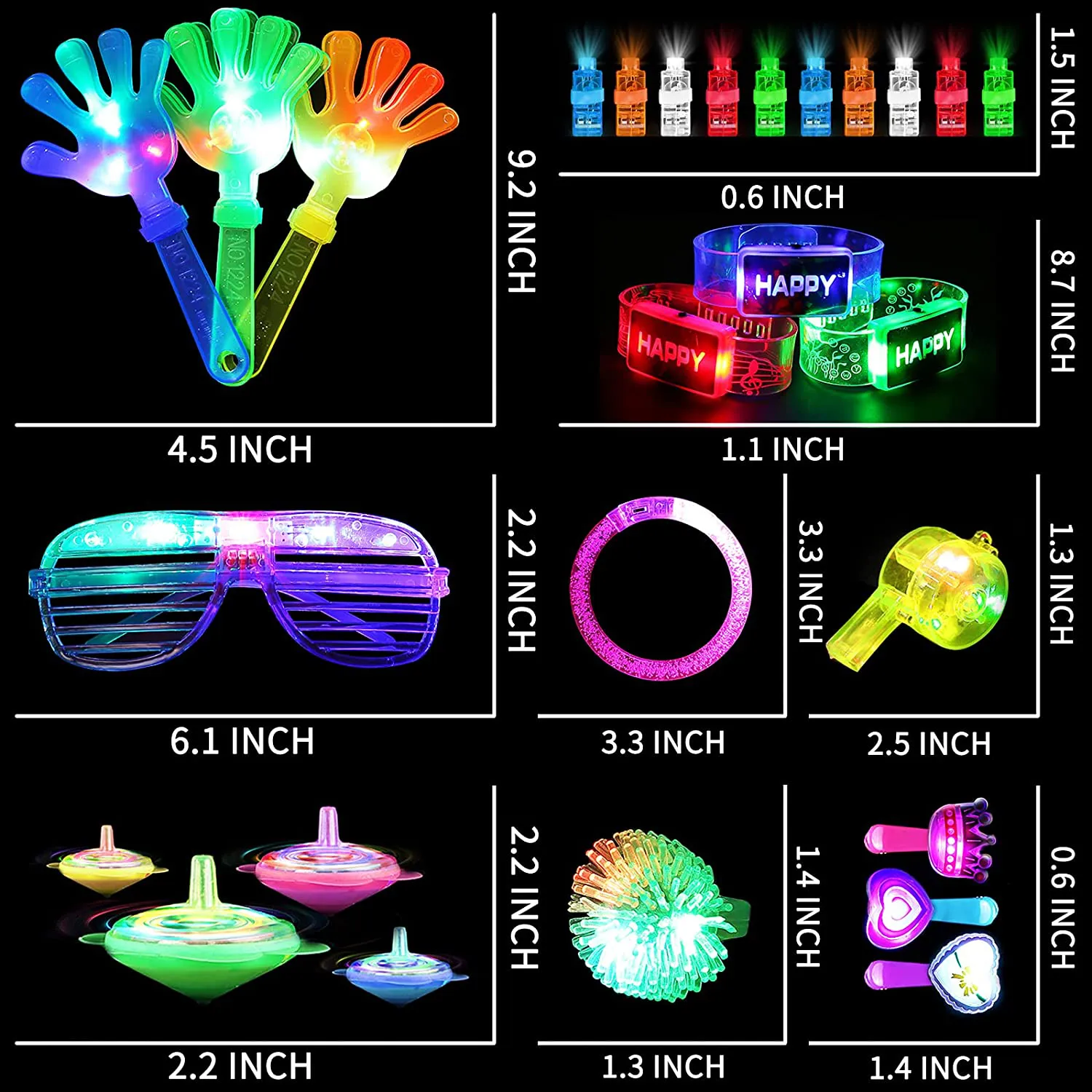 82Pcs LED Light up Toy Bulk Party Favors, Glow in the Dark Party Supplies for Boy Girl with 50 Finger Light,6 Jelly Ring, 6 Glasses,5 Spinning Top, 3 Bracelet,3 Hairpin, 3 Whistle, 3 Hand Clap,3 Watch