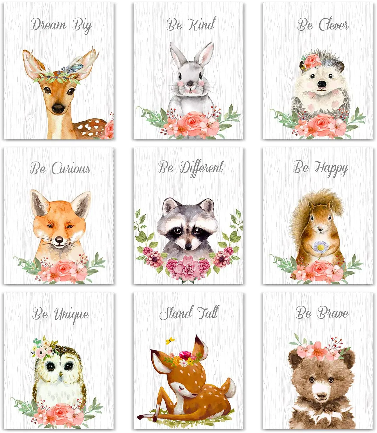 9 Pieces Woodland Nursery Wall Art Prints Cute Woodland Floral Crown Animals Motivational Posters Pictures Wall Decor for Baby Kids Room Home Decorations (Unframed, 8 x 10 Inch)