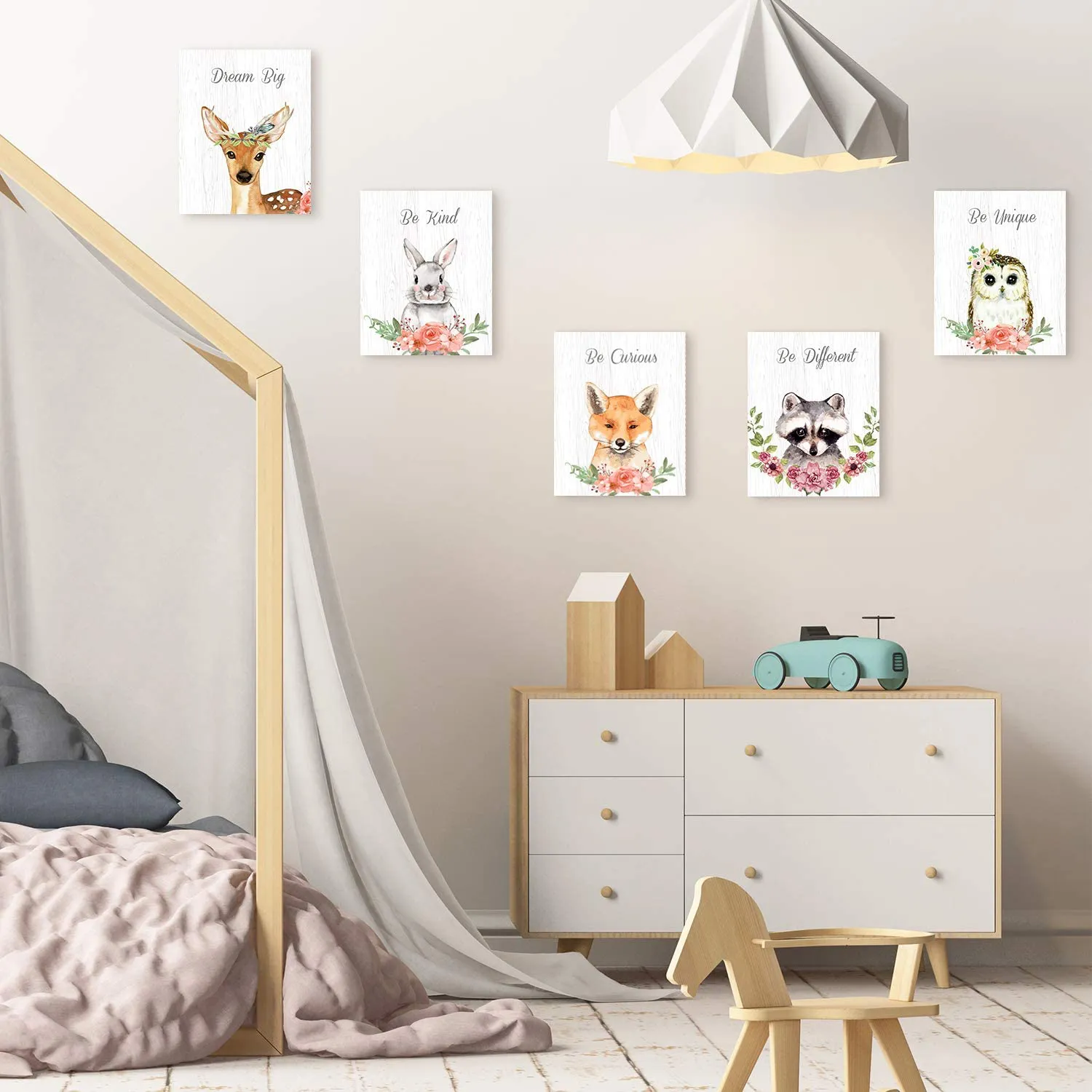 9 Pieces Woodland Nursery Wall Art Prints Cute Woodland Floral Crown Animals Motivational Posters Pictures Wall Decor for Baby Kids Room Home Decorations (Unframed, 8 x 10 Inch)