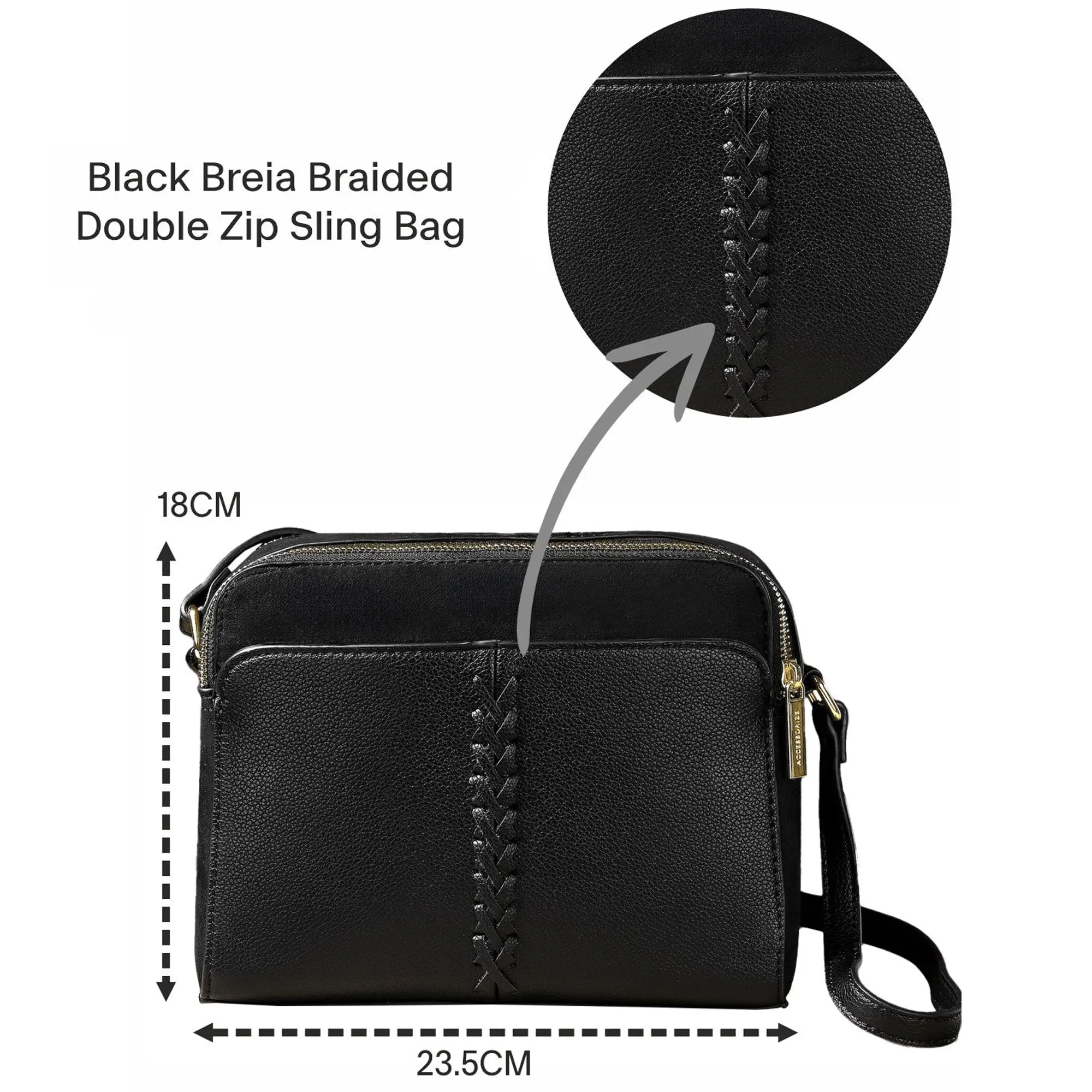 Accessorize London Women's Black Faux Leather Double Zip Sling Bag