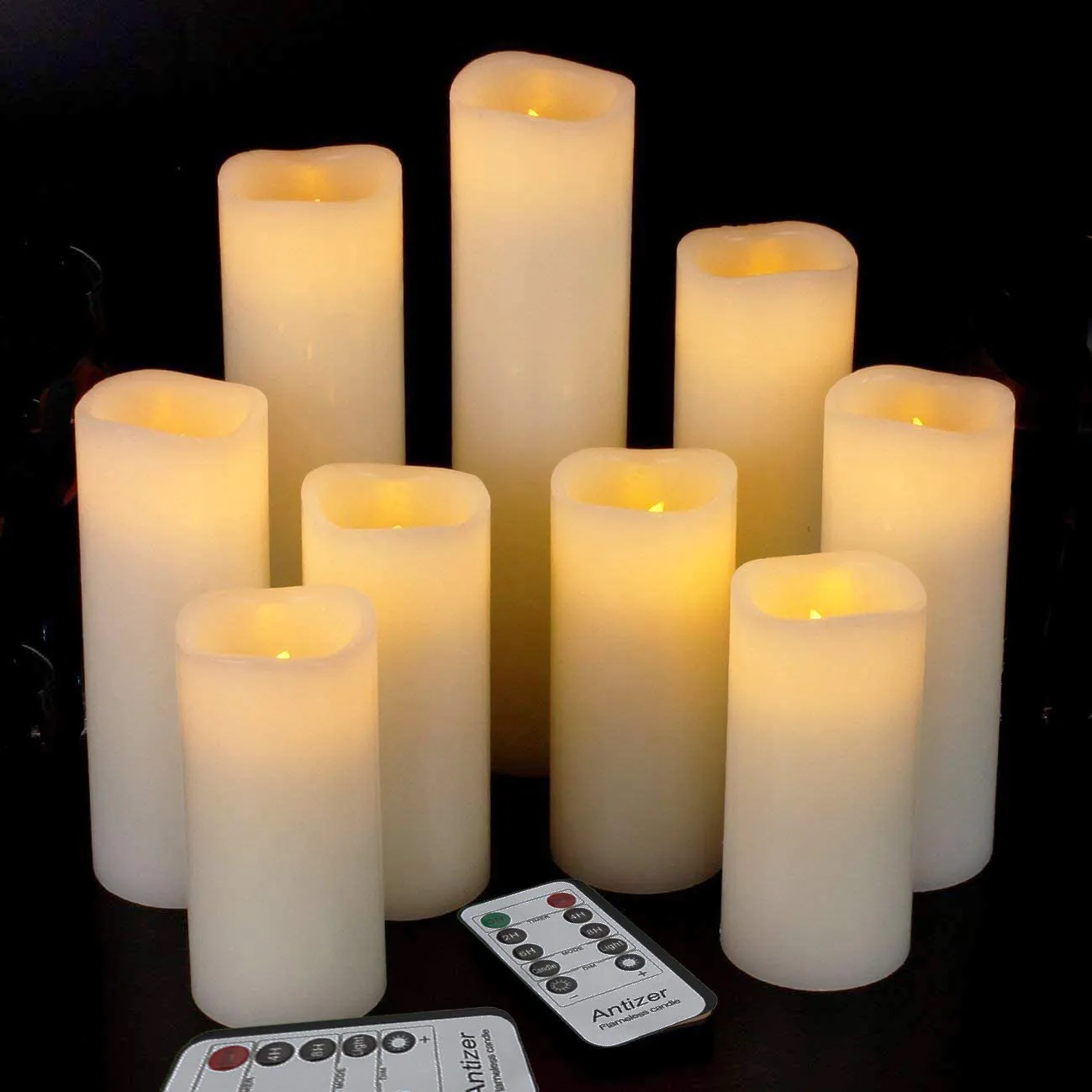 Antizer Flameless Candles Led Candles Pack of 9 (H 4 5 6 7 8 9 X D 2.2) Ivory Real Wax Battery Candles with Remote Timer