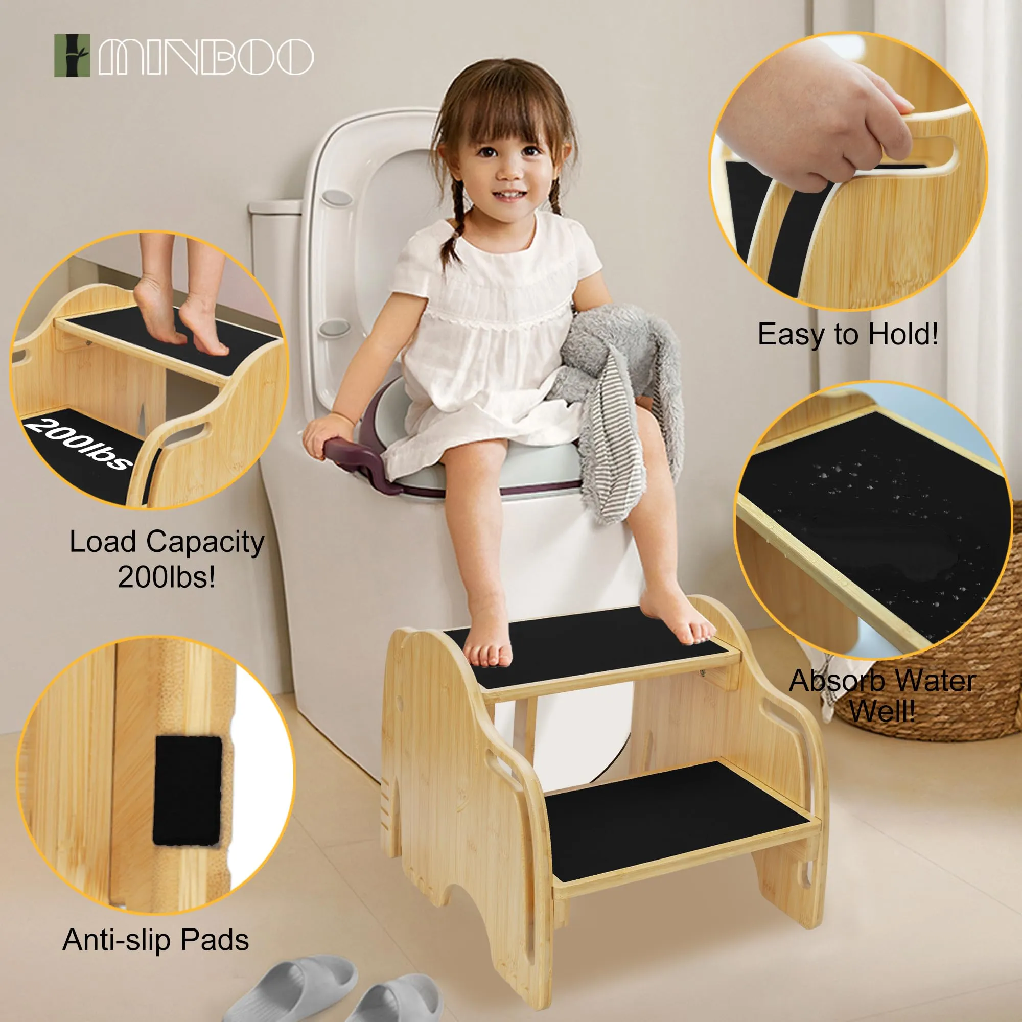 Bamboo Toddler Step Stool, 2 Step Stools for Kids with Anti-Slip Surface and Handles, Elephant Shaped Kids Step Stool for Bedroom, Bathroom, Kitchen Step Stools for Childs