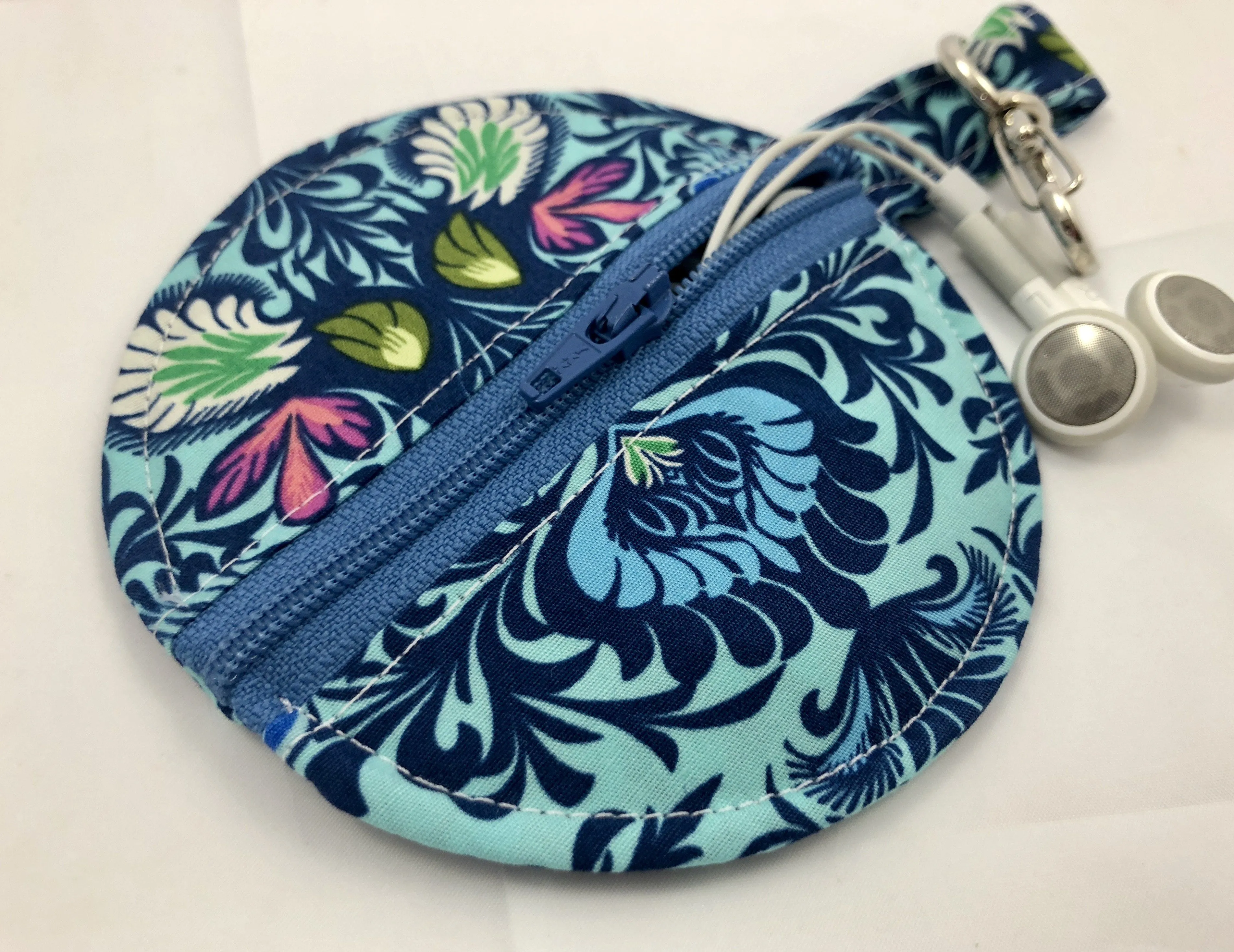 Blue Earbud Case, Ear Bud Pouch, Bluetooth Holder, Tiny Zipper Case, Chapstick, Damask