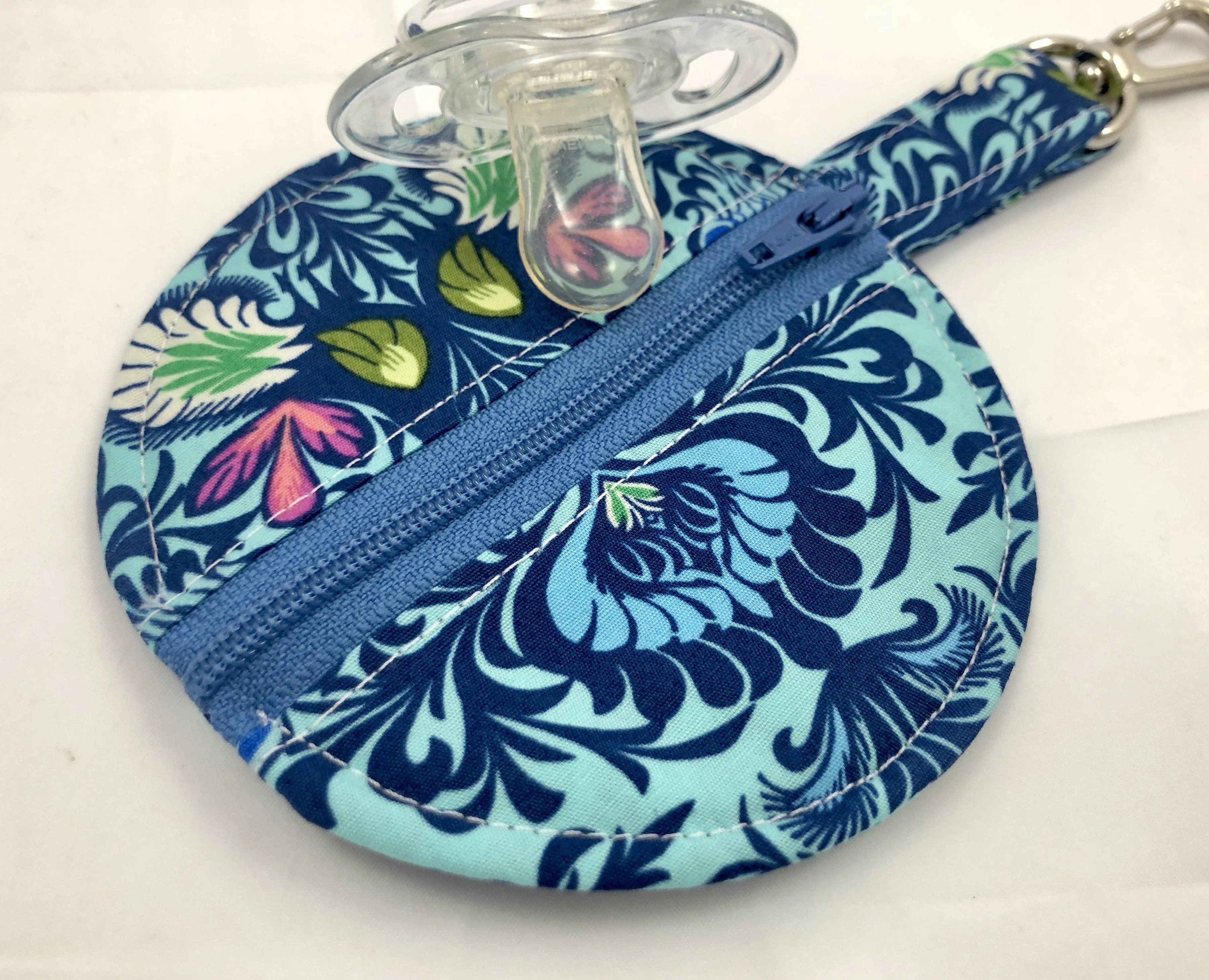 Blue Earbud Case, Ear Bud Pouch, Bluetooth Holder, Tiny Zipper Case, Chapstick, Damask