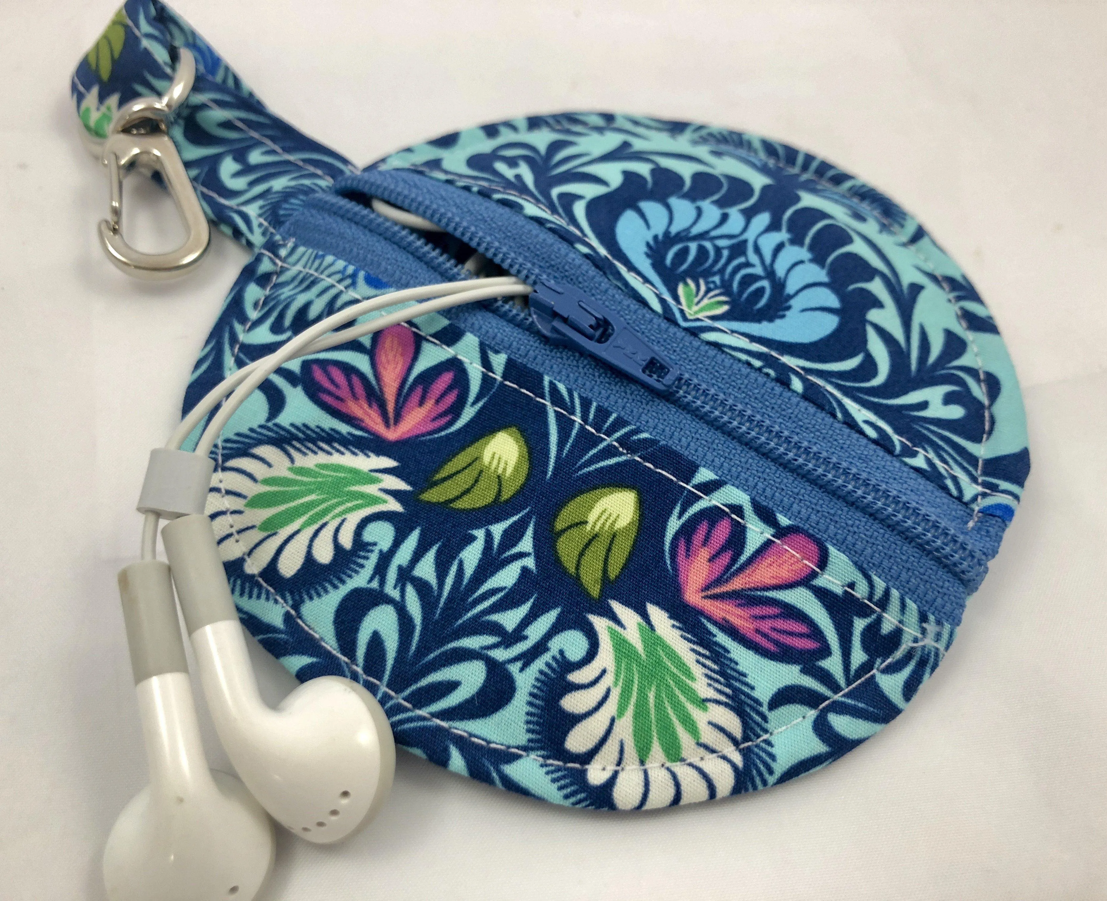 Blue Earbud Case, Ear Bud Pouch, Bluetooth Holder, Tiny Zipper Case, Chapstick, Damask