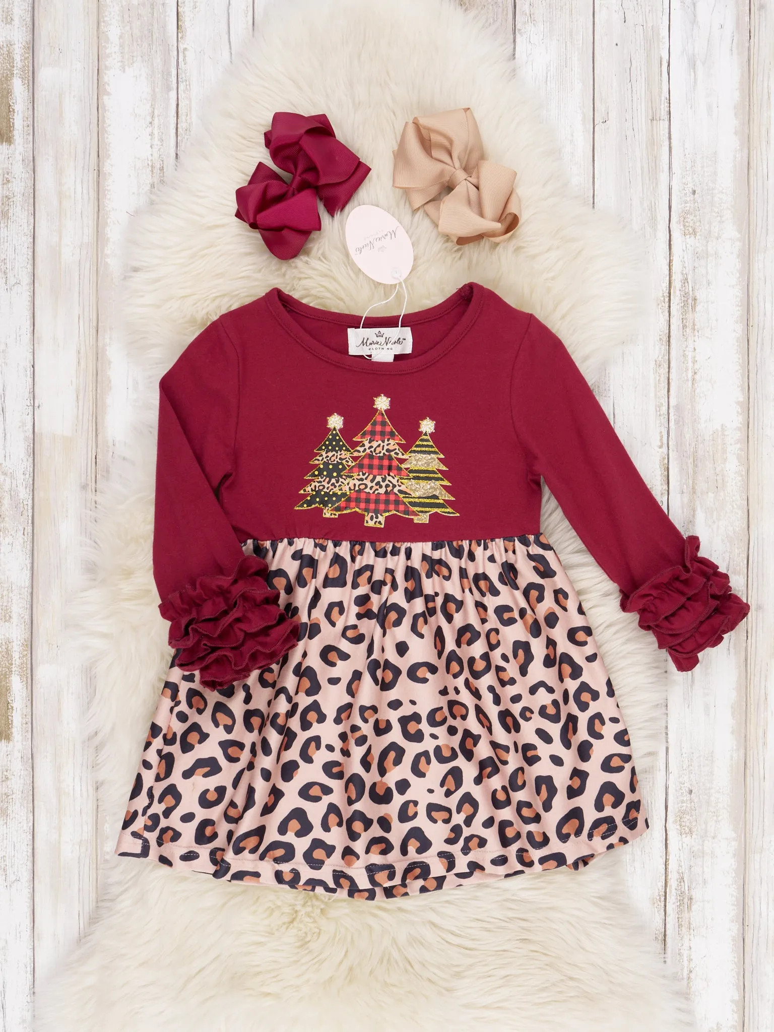 Burgundy Leopard Christmas Tree Ruffle Dress