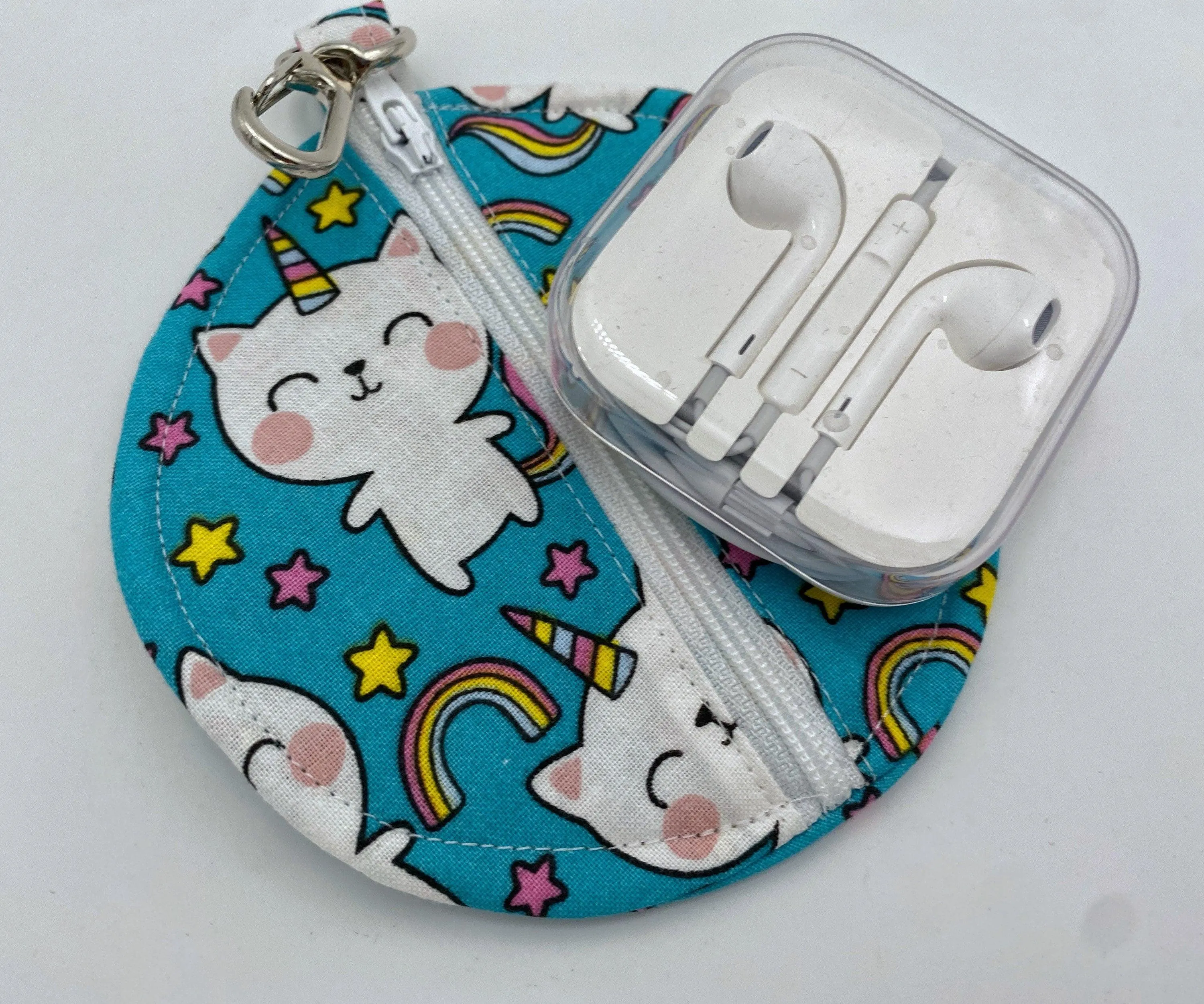 Caticorn Earbud Pouch, Blue Cat Ear Bud Case, Unicorn Small Lip Balm Cozy