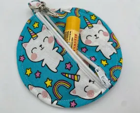 Caticorn Earbud Pouch, Blue Cat Ear Bud Case, Unicorn Small Lip Balm Cozy