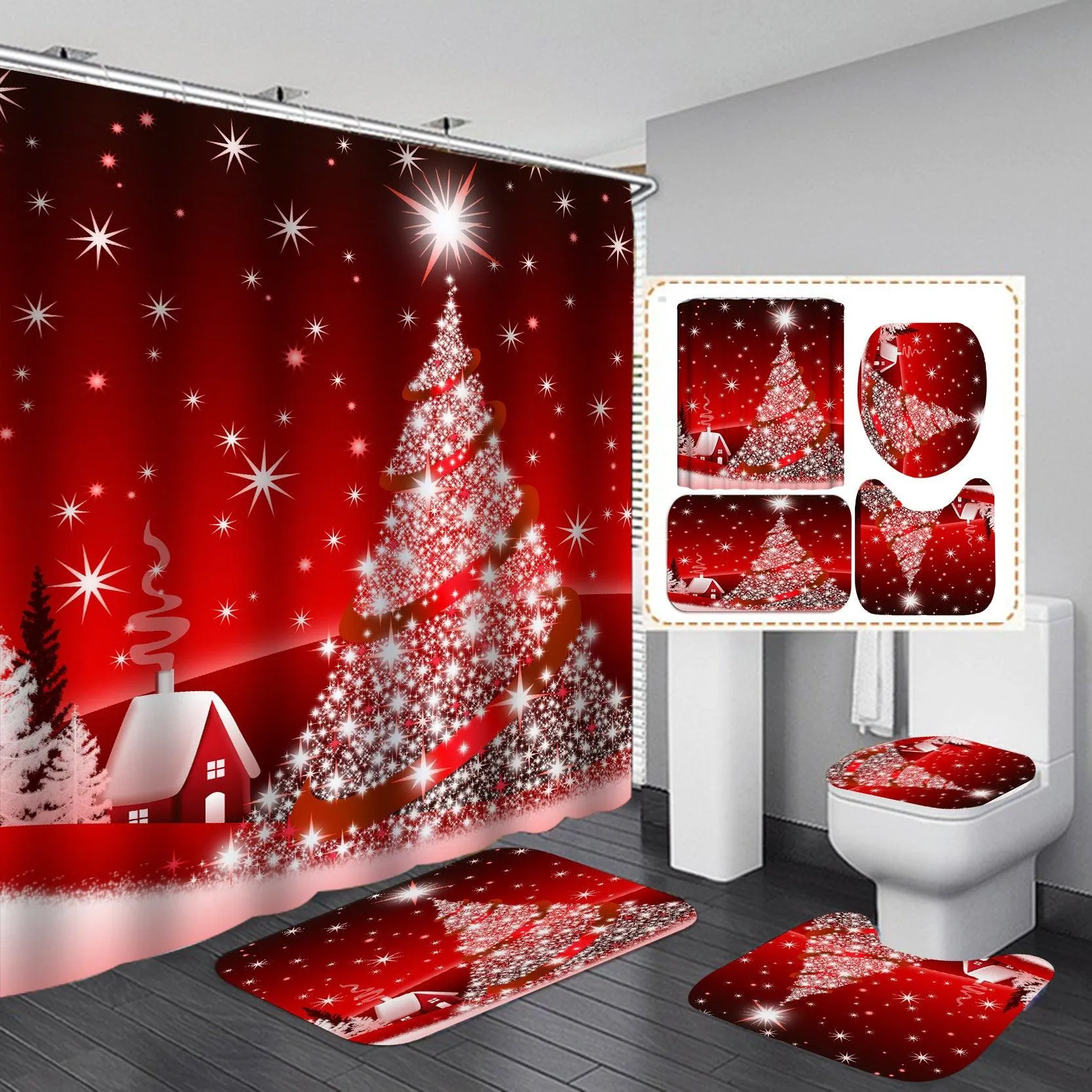 Christmas Snowflake Printed Shower Curtain Set - Waterproof Polyester Fabric with Three-Piece Toilet Cover Mats