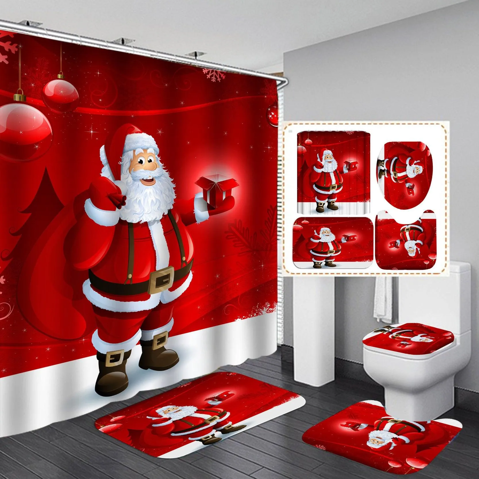 Christmas Snowflake Printed Shower Curtain Set - Waterproof Polyester Fabric with Three-Piece Toilet Cover Mats