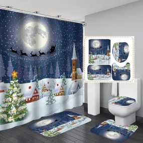 Christmas Snowflake Printed Shower Curtain Set - Waterproof Polyester Fabric with Three-Piece Toilet Cover Mats