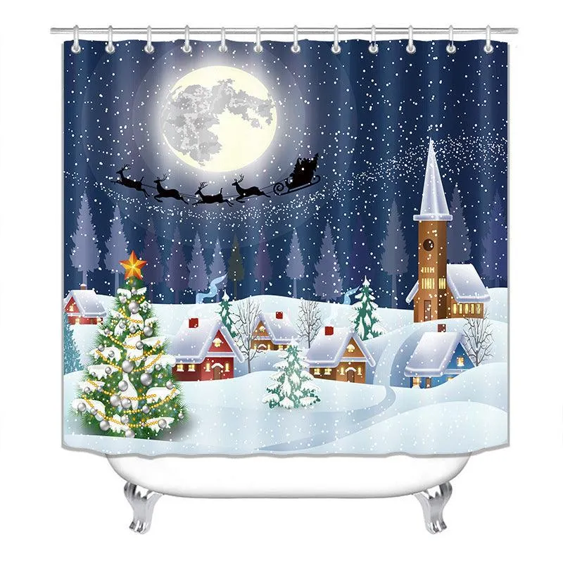 Christmas Snowflake Printed Shower Curtain Set - Waterproof Polyester Fabric with Three-Piece Toilet Cover Mats