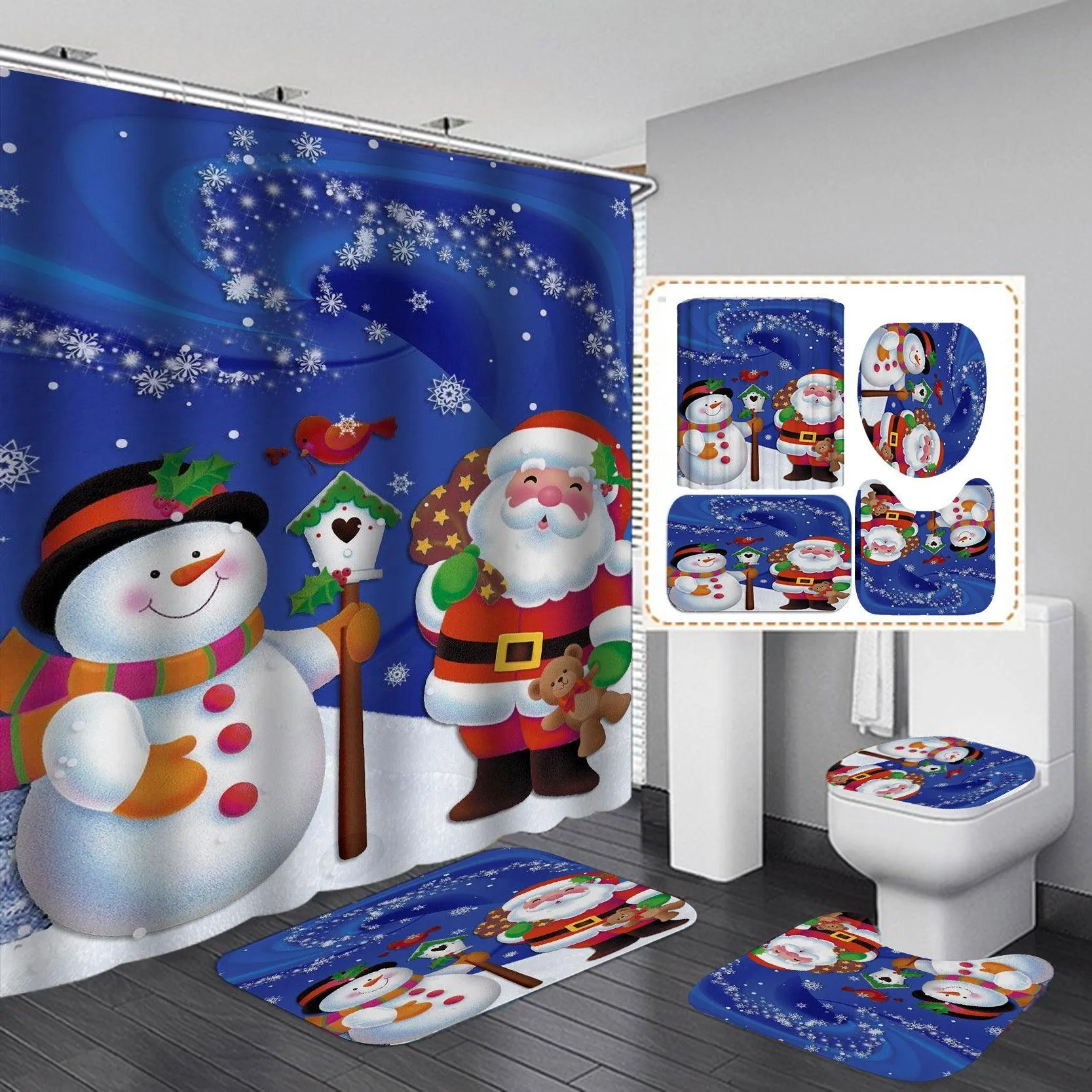 Christmas Snowflake Printed Shower Curtain Set - Waterproof Polyester Fabric with Three-Piece Toilet Cover Mats