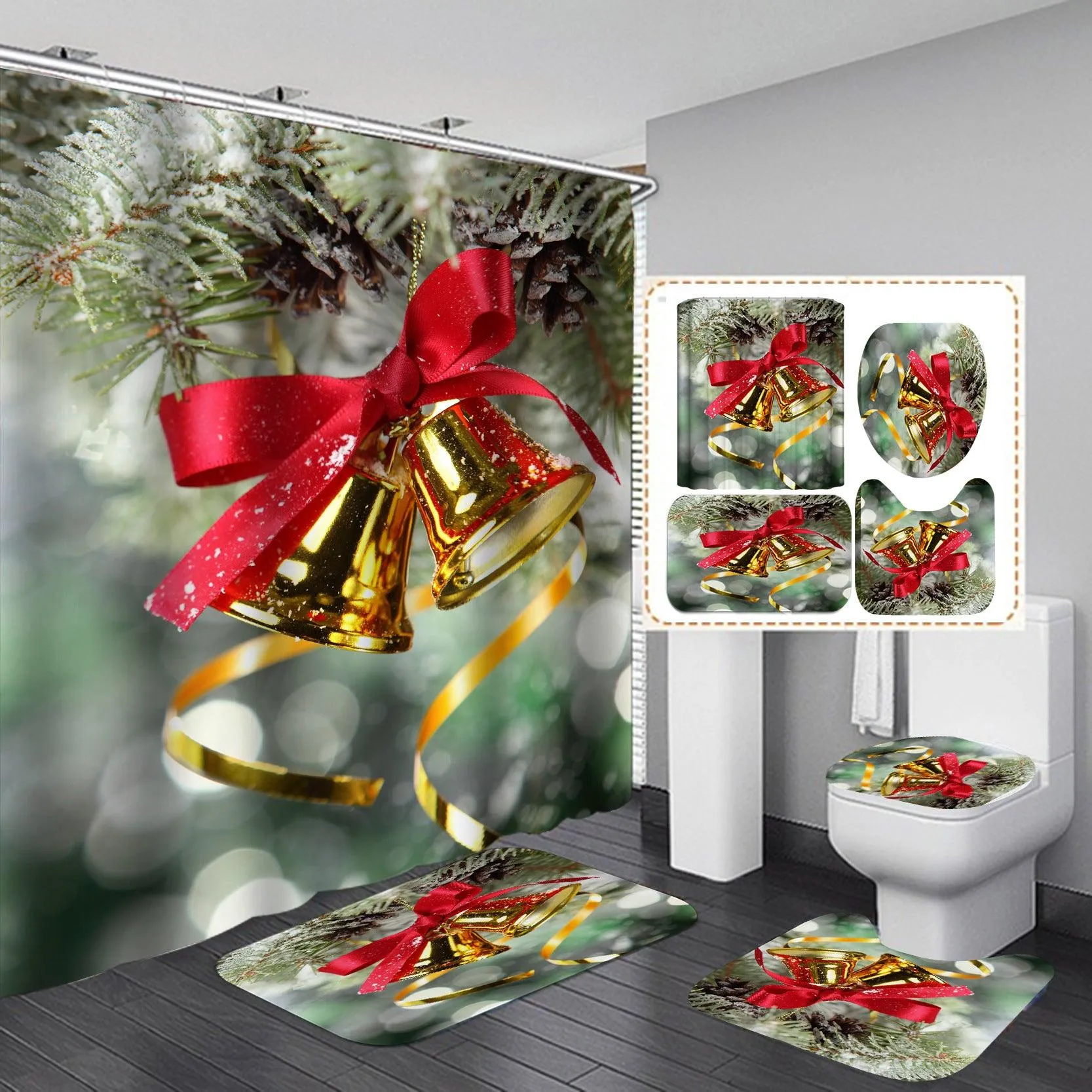 Christmas Snowflake Printed Shower Curtain Set - Waterproof Polyester Fabric with Three-Piece Toilet Cover Mats