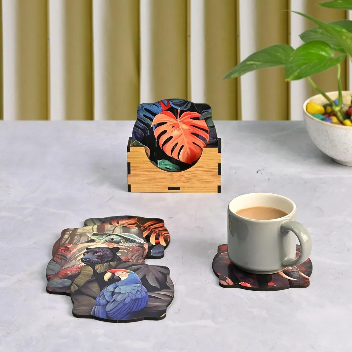 Coaster Set of 6 Unique Birds & Jungle Theme Design | Wooden Coasters to Serve Tea Cups, Coffee Mugs and Glasses (Ecofriendly)