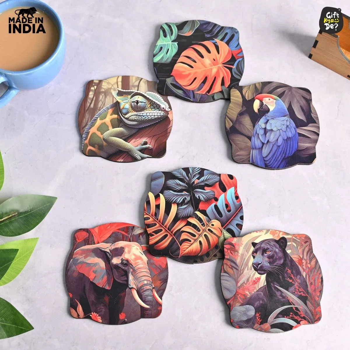 Coaster Set of 6 Unique Birds & Jungle Theme Design | Wooden Coasters to Serve Tea Cups, Coffee Mugs and Glasses (Ecofriendly)