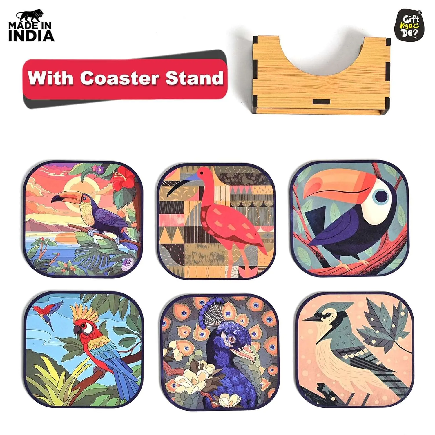 Coaster Set of 6 Unique Birds & Jungle Theme Design | Wooden Coasters to Serve Tea Cups, Coffee Mugs and Glasses (Ecofriendly)