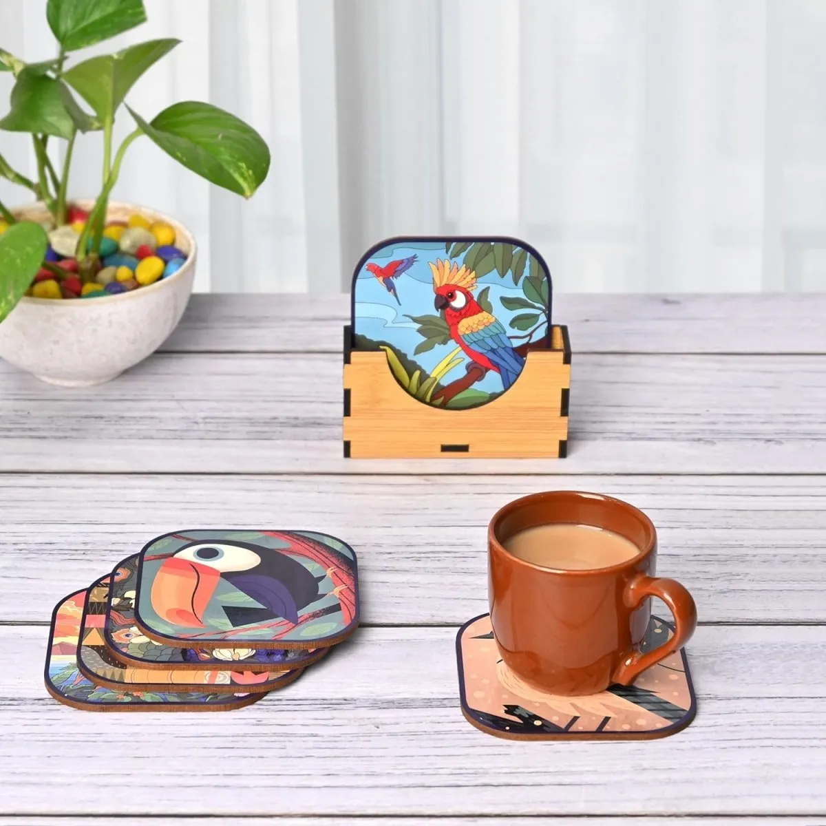 Coaster Set of 6 Unique Birds & Jungle Theme Design | Wooden Coasters to Serve Tea Cups, Coffee Mugs and Glasses (Ecofriendly)