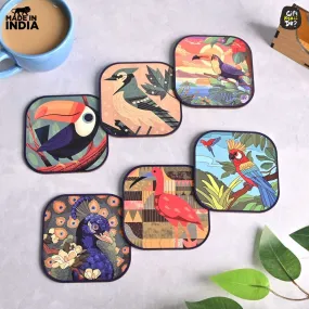 Coaster Set of 6 Unique Birds & Jungle Theme Design | Wooden Coasters to Serve Tea Cups, Coffee Mugs and Glasses (Ecofriendly)