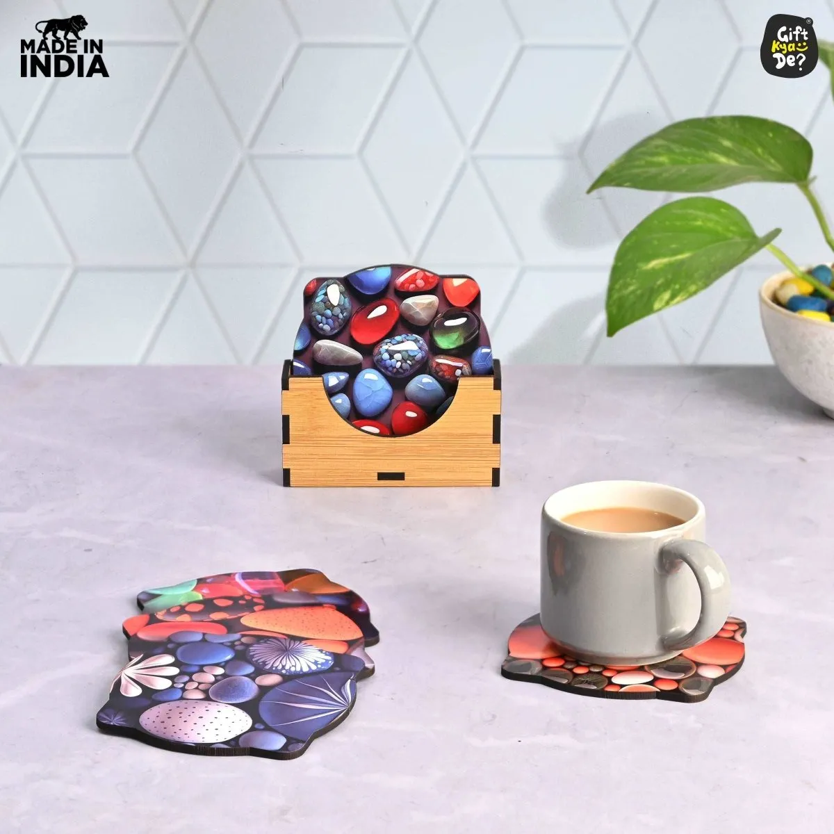 Coaster Set of 6 Unique Birds & Jungle Theme Design | Wooden Coasters to Serve Tea Cups, Coffee Mugs and Glasses (Ecofriendly)