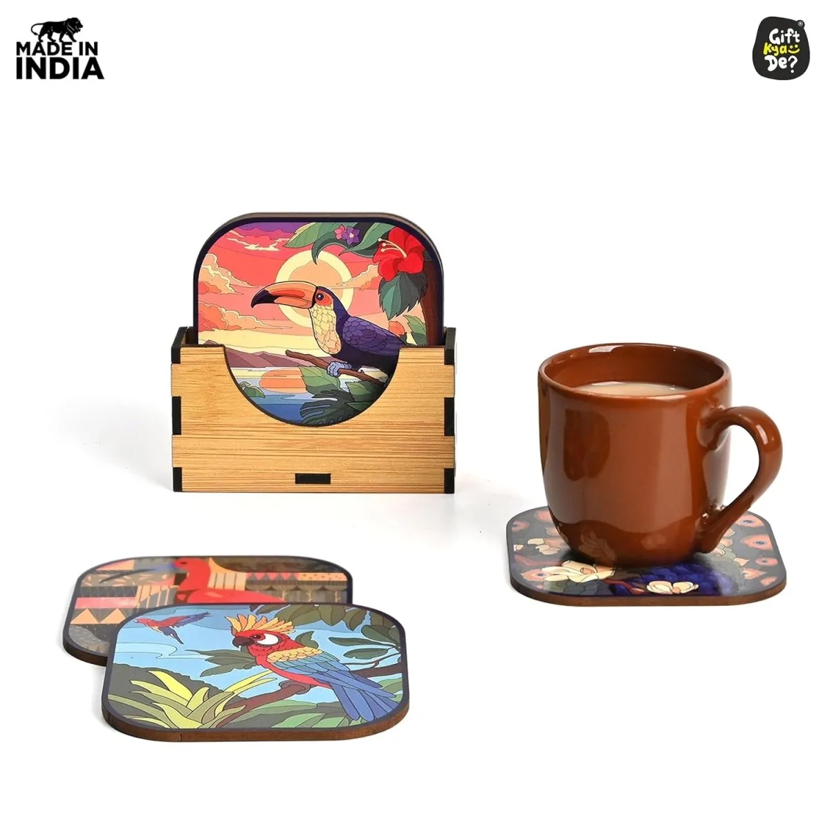 Coaster Set of 6 Unique Birds & Jungle Theme Design | Wooden Coasters to Serve Tea Cups, Coffee Mugs and Glasses (Ecofriendly)