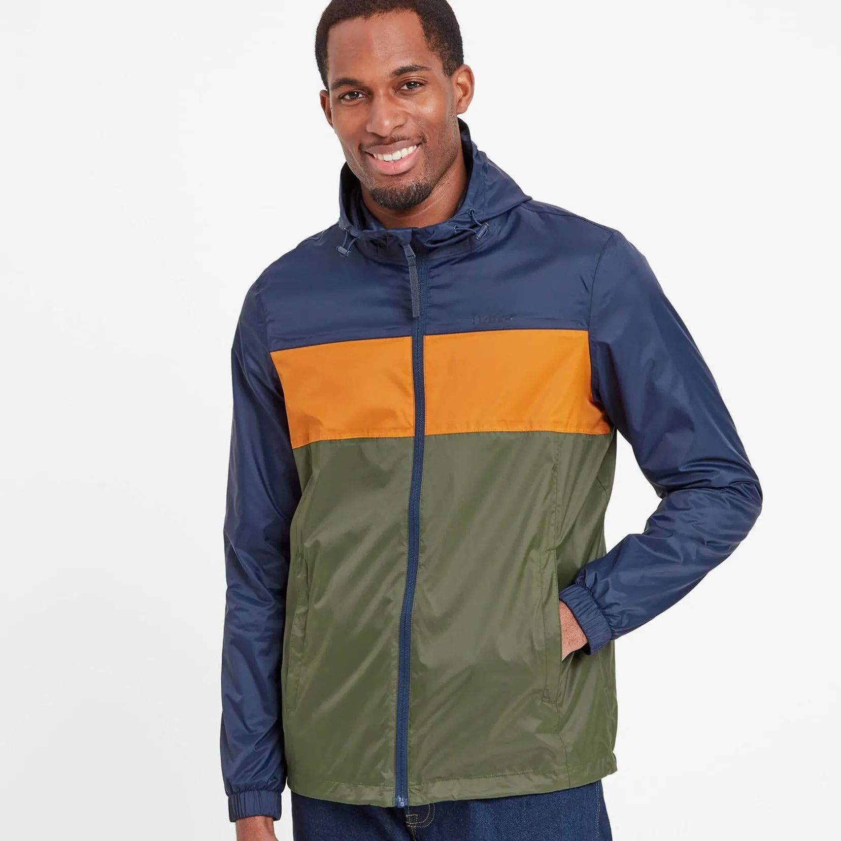 Craven Mens Waterproof Packaway Jacket - Khaki/Navy/Dark Orange Colour Block