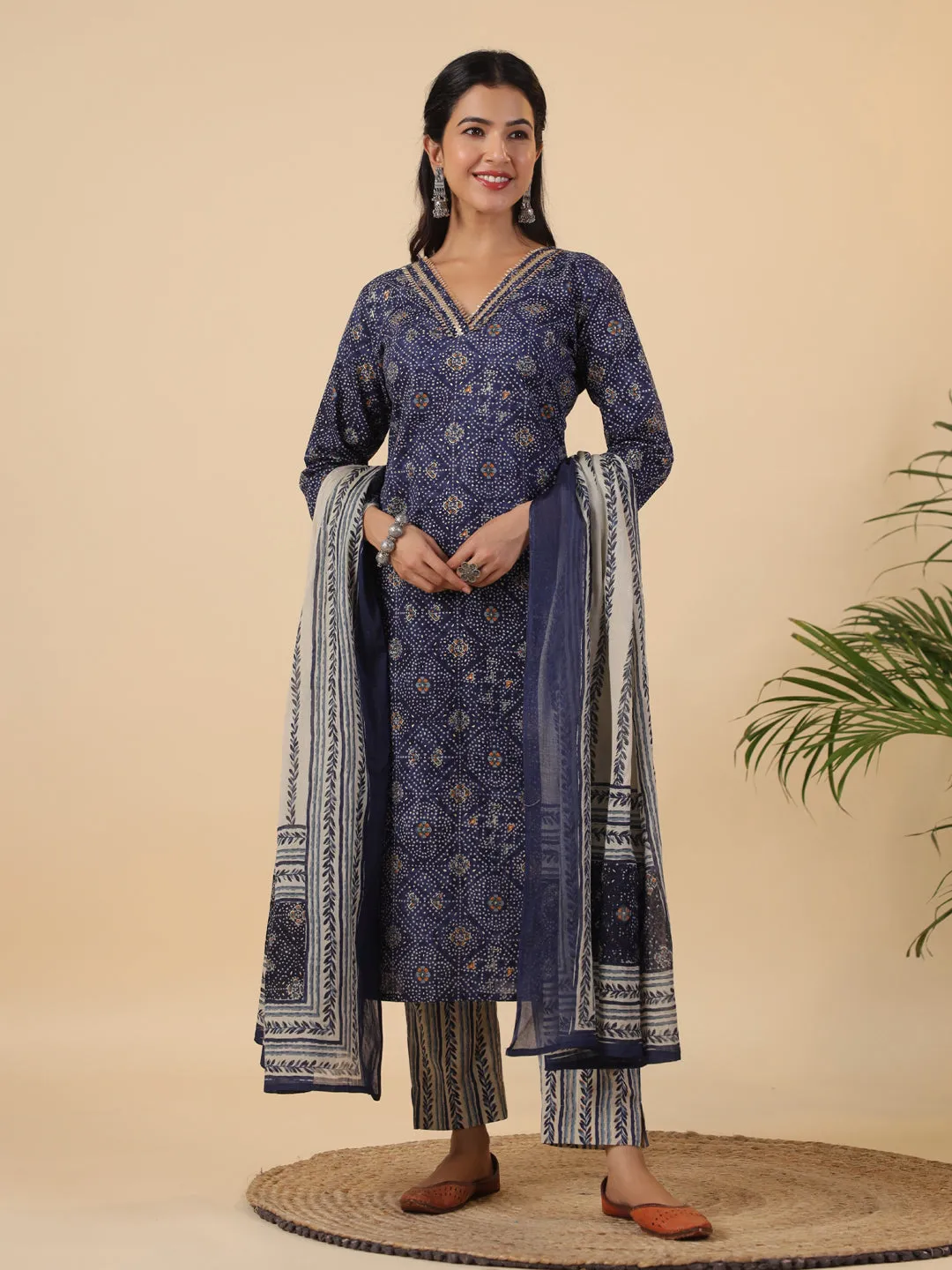 Dark Blue Cotton Bandhani Straight Kurta Set