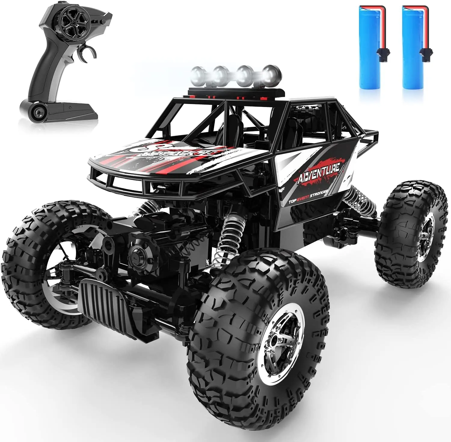 DE45 RC Cars Remote Control Car 1:14 off Road Monster Truck,Metal Shell 4WD Dual Motors LED Headlight Rock Crawler,2.4Ghz All Terrain Hobby Truck with 2 Batteries for 90 Min Play