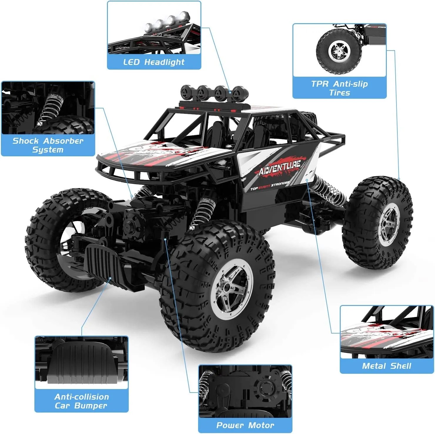 DE45 RC Cars Remote Control Car 1:14 off Road Monster Truck,Metal Shell 4WD Dual Motors LED Headlight Rock Crawler,2.4Ghz All Terrain Hobby Truck with 2 Batteries for 90 Min Play