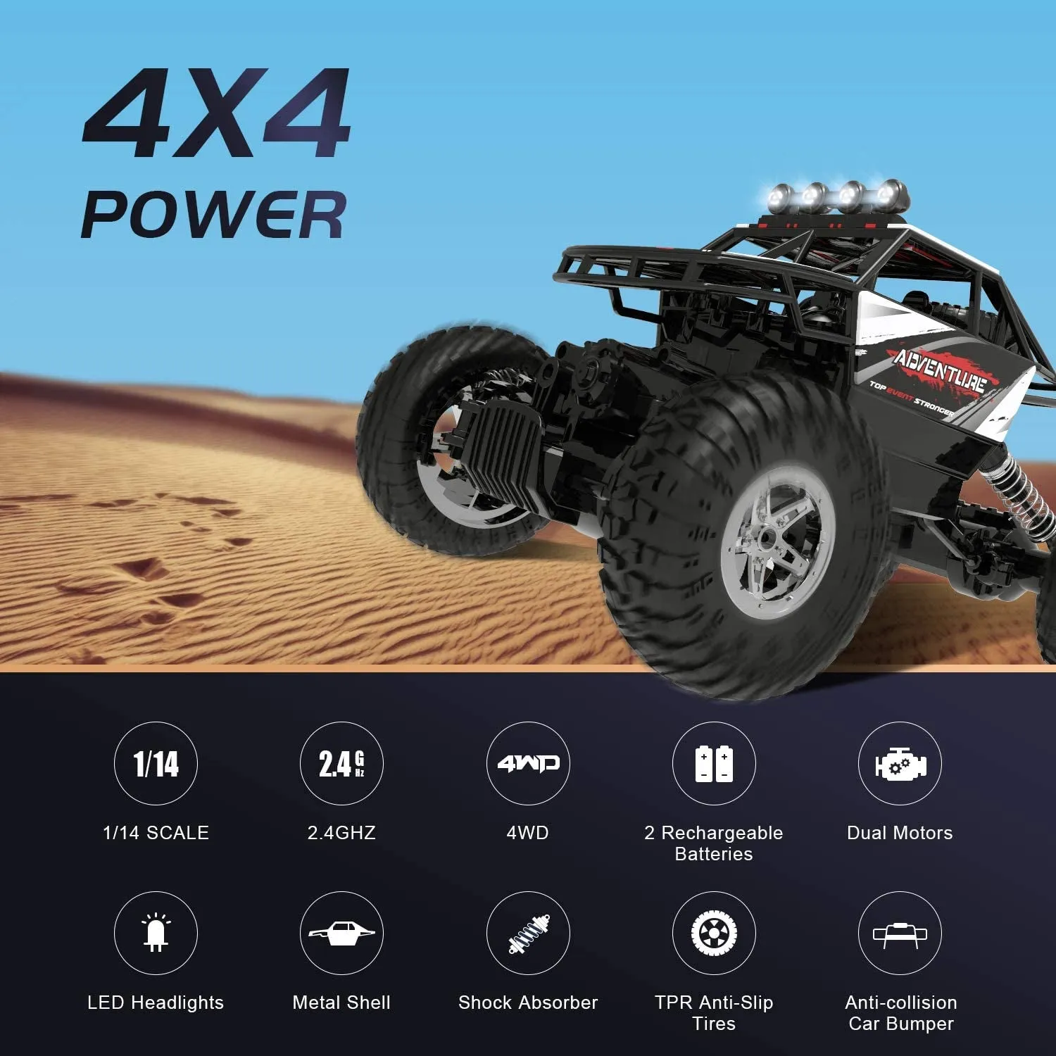 DE45 RC Cars Remote Control Car 1:14 off Road Monster Truck,Metal Shell 4WD Dual Motors LED Headlight Rock Crawler,2.4Ghz All Terrain Hobby Truck with 2 Batteries for 90 Min Play