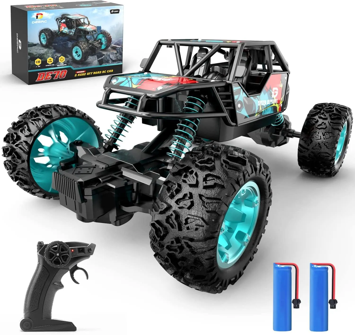 DE45 RC Cars Remote Control Car 1:14 off Road Monster Truck,Metal Shell 4WD Dual Motors LED Headlight Rock Crawler,2.4Ghz All Terrain Hobby Truck with 2 Batteries for 90 Min Play