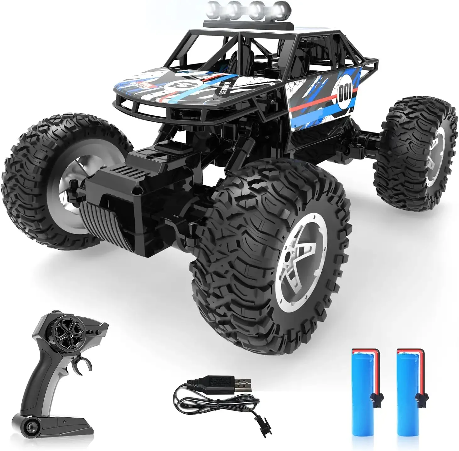 DE45 RC Cars Remote Control Car 1:14 off Road Monster Truck,Metal Shell 4WD Dual Motors LED Headlight Rock Crawler,2.4Ghz All Terrain Hobby Truck with 2 Batteries for 90 Min Play