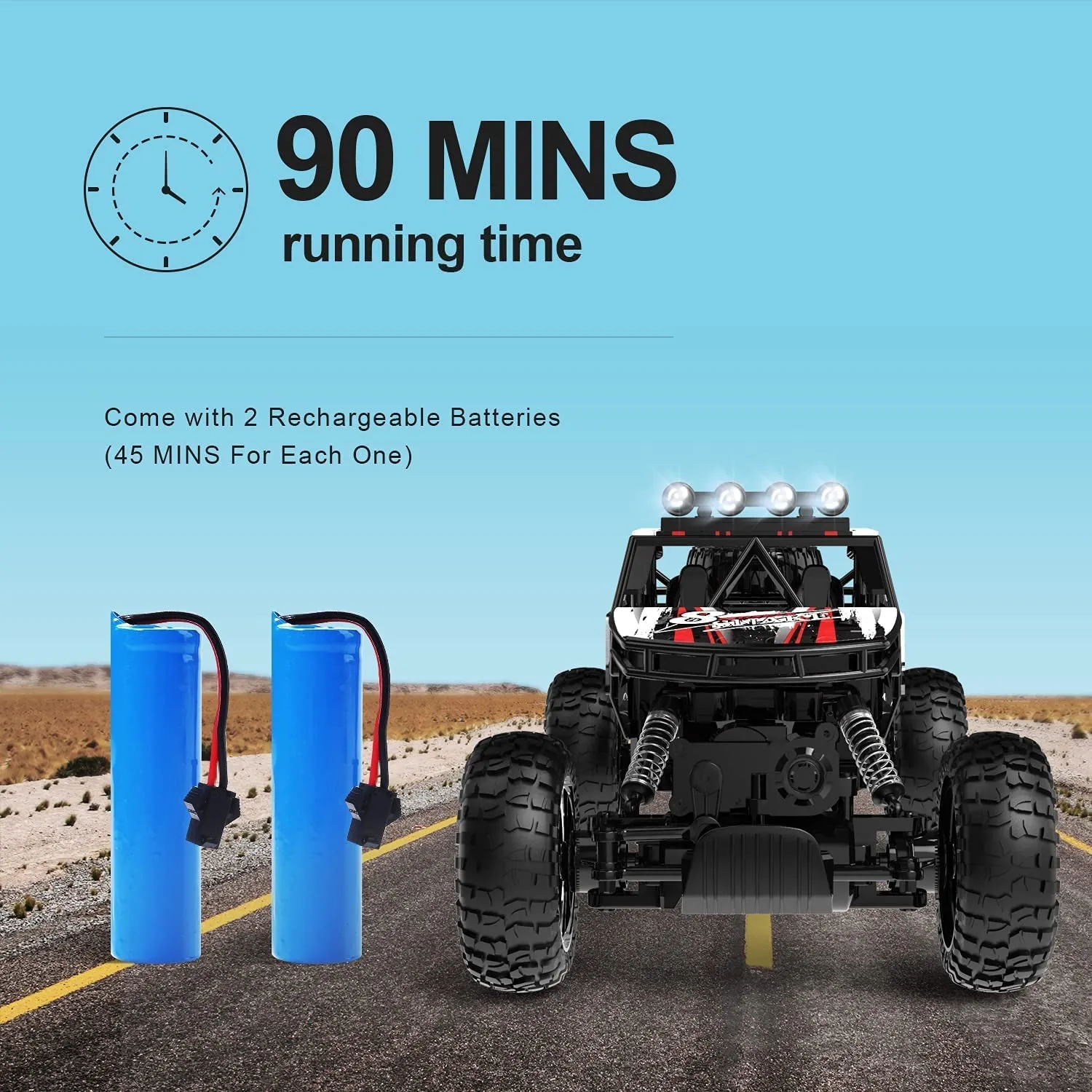 DE45 RC Cars Remote Control Car 1:14 off Road Monster Truck,Metal Shell 4WD Dual Motors LED Headlight Rock Crawler,2.4Ghz All Terrain Hobby Truck with 2 Batteries for 90 Min Play