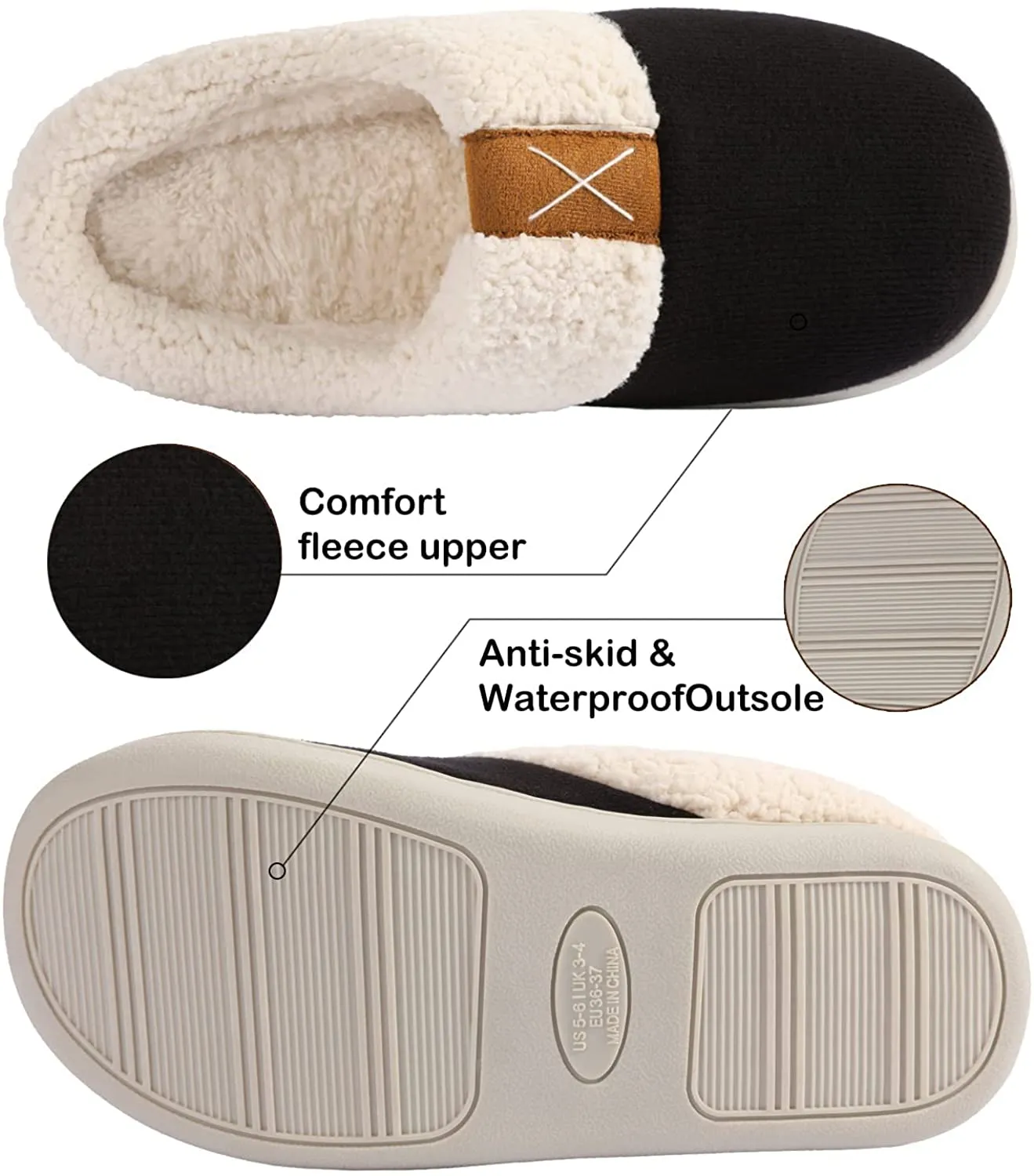 Ekouaer Womens Slippers Memory Foam Fleece Lined Slipper Warm Anti-Skid Rubber Sole Fuzzy House Shoes