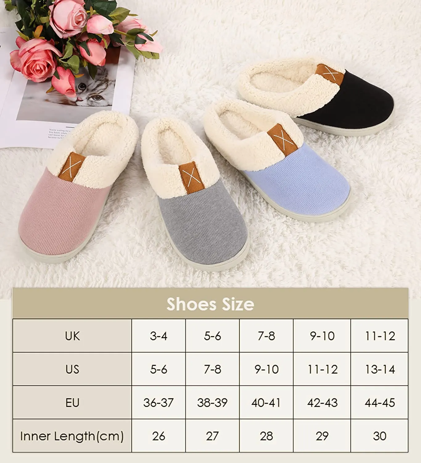 Ekouaer Womens Slippers Memory Foam Fleece Lined Slipper Warm Anti-Skid Rubber Sole Fuzzy House Shoes