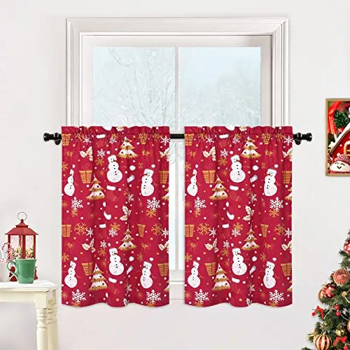 GARVEE 24 Inch Length Xmas Cafe Curtains Rod Pocket Design Velvet Kitchen Curtains Snowman and Falling Snowflake Short Curtains for Bedroom Bathroom Living Room, Set of 2, 26 x 24, Red