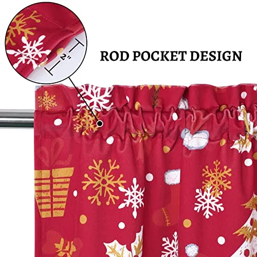 GARVEE 24 Inch Length Xmas Cafe Curtains Rod Pocket Design Velvet Kitchen Curtains Snowman and Falling Snowflake Short Curtains for Bedroom Bathroom Living Room, Set of 2, 26 x 24, Red