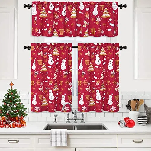 GARVEE 24 Inch Length Xmas Cafe Curtains Rod Pocket Design Velvet Kitchen Curtains Snowman and Falling Snowflake Short Curtains for Bedroom Bathroom Living Room, Set of 2, 26 x 24, Red