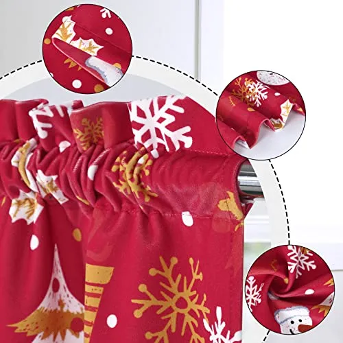 GARVEE 24 Inch Length Xmas Cafe Curtains Rod Pocket Design Velvet Kitchen Curtains Snowman and Falling Snowflake Short Curtains for Bedroom Bathroom Living Room, Set of 2, 26 x 24, Red