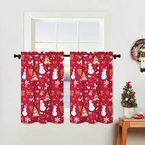 GARVEE 24 Inch Length Xmas Cafe Curtains Rod Pocket Design Velvet Kitchen Curtains Snowman and Falling Snowflake Short Curtains for Bedroom Bathroom Living Room, Set of 2, 26 x 24, Red