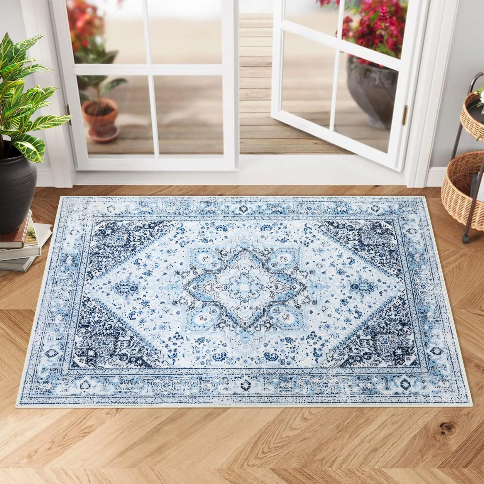 GARVEE 2x3 Door Mat Indoor Entrance Boho Rug Tribal Oriental Rug Carpet Distressed Small Entryway Rug Kitchen Rugs Non Slip Low Pile Bedroom Decor Bathroom, 2'x3' Blue