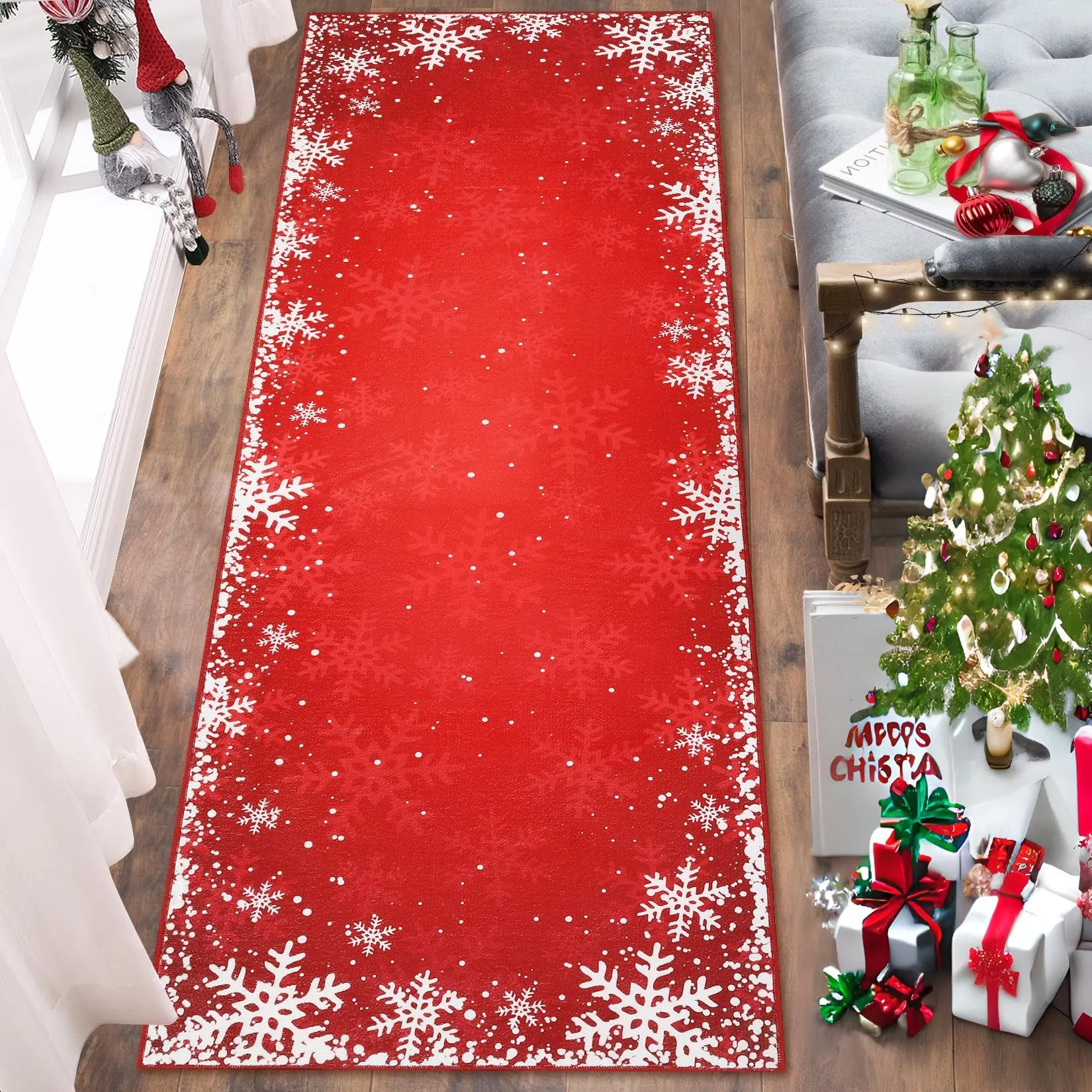 GARVEE 2x6 Rug Runner Washable Rugs Red Christmas Home Decor Snowflake Entry Mat Kitchen Mat Non Slip Carpet Bathroom Rugs Small Rug for Hallway Laundry, 2'x6' Red