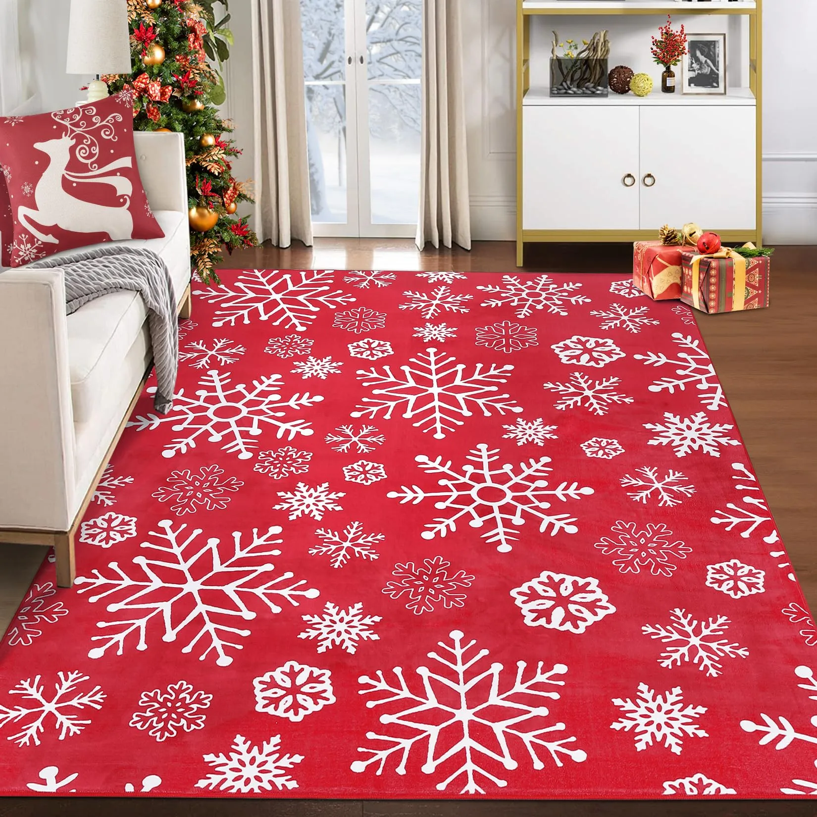 GARVEE 8x10 Christmas Area Rug Christmas Snowflake Pattern Floor Cover Machine Washable Indoor Carpet Rug Decorative Non Slip Accent Rug for Kitchen Bathroom Living Room Bedroom