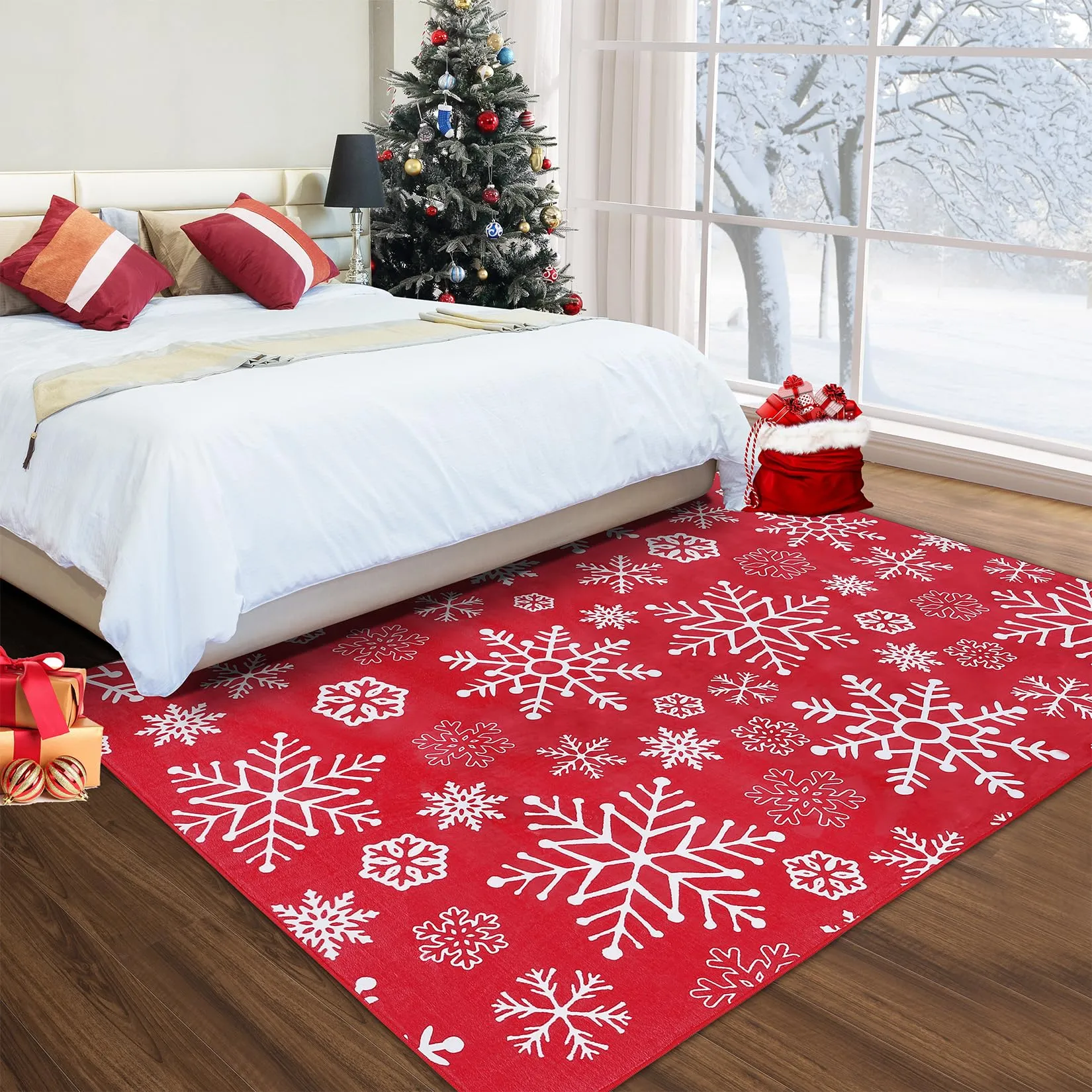 GARVEE 8x10 Christmas Area Rug Christmas Snowflake Pattern Floor Cover Machine Washable Indoor Carpet Rug Decorative Non Slip Accent Rug for Kitchen Bathroom Living Room Bedroom