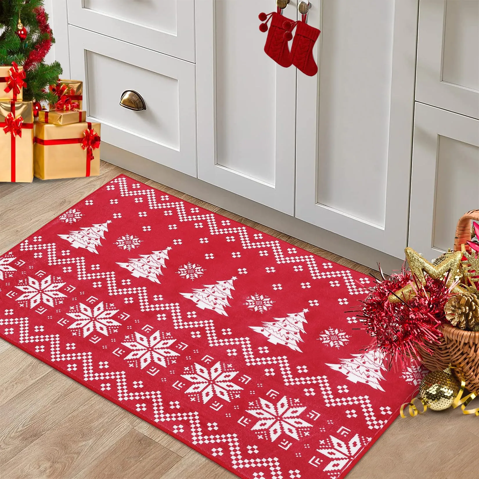 GARVEE Christmas Area Rug 5x7 Living Room Rug Xmas Distressed Modern Rug Washable Rug Non Slip Carpet Holiday Decor Abstract Soft Accent Rug for Bathroom Bedroom Dining Room 5'x7' Stripe|Red